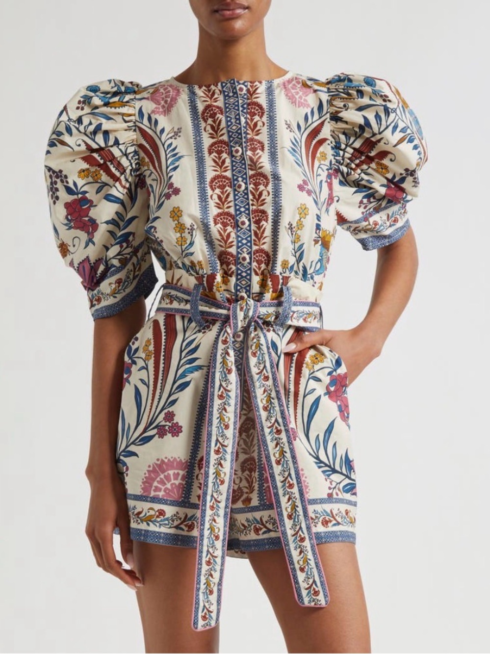 NWT FARM Rio Romantic Lightness Puff Short Sleeve Romper in Blue Pattern Size M